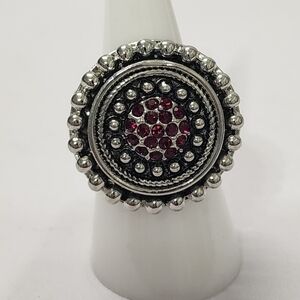 Vintage Style Silver Tone Stretch Statement Ring Red Rhinestone Cluster Beaded